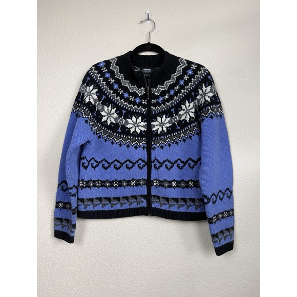Icelandic Design Sweaters - Icelandic Design Full Zip Cardigan Wool Blend Blue Black Fair Isle Sweater M